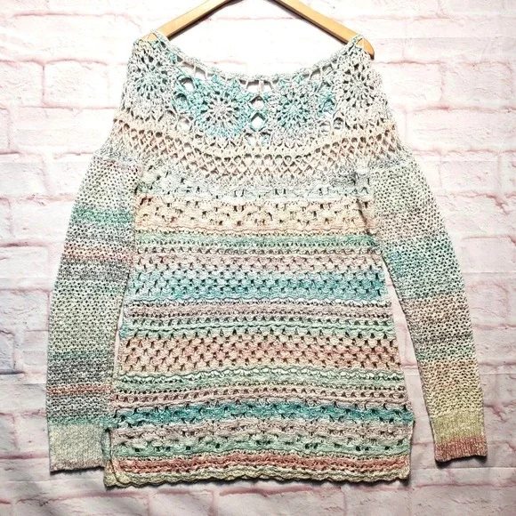 Free People Boho Twee Pastel Ring of Roses Sweater Crochet Open Weave Womens L - Picture 2 of 9